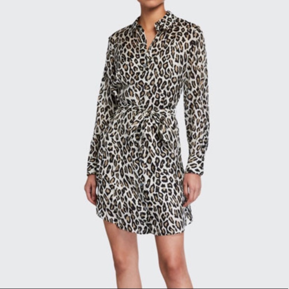 Theory Ivory Leopard Print Silk Shirt Dress